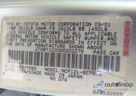 2002 Toyota Echo из США, поврежденный, VIN JTDBT123320202279